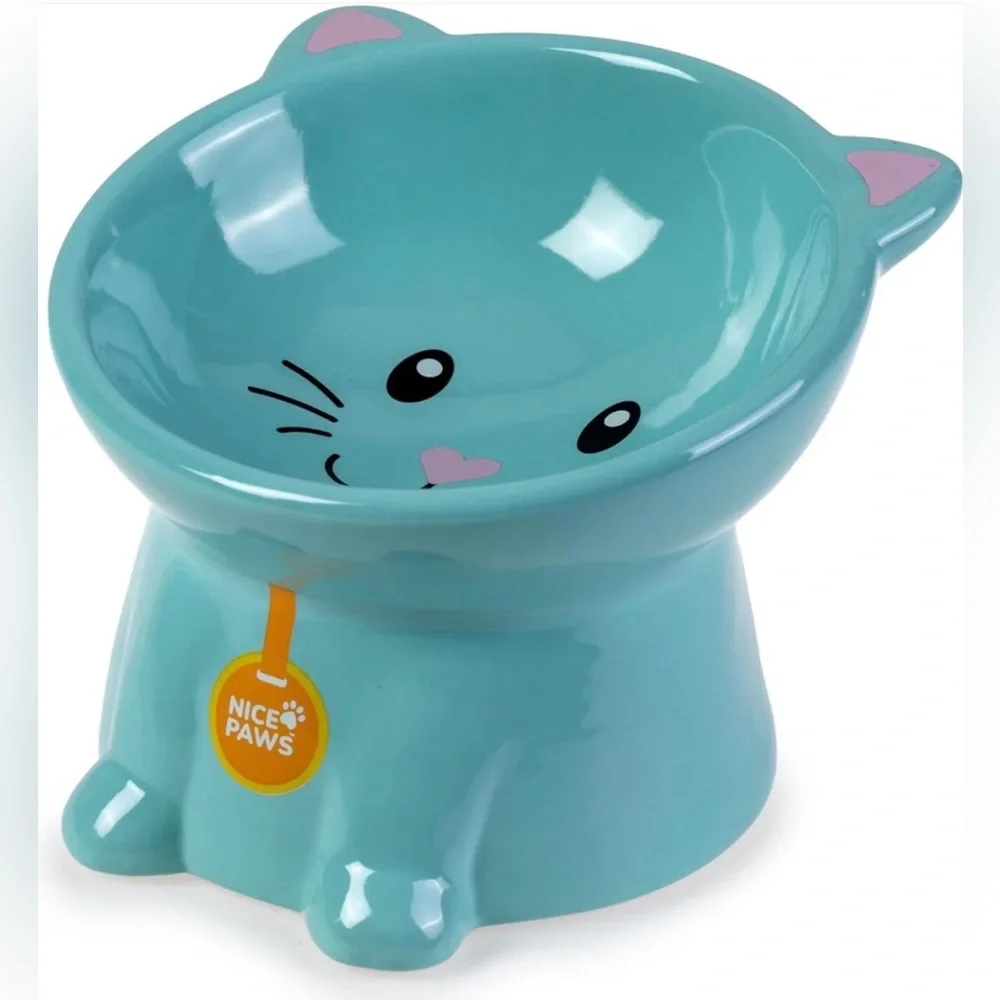 Teal Cat Ceramic Pet Bowl - Cute Heart Nose Design Elevated new